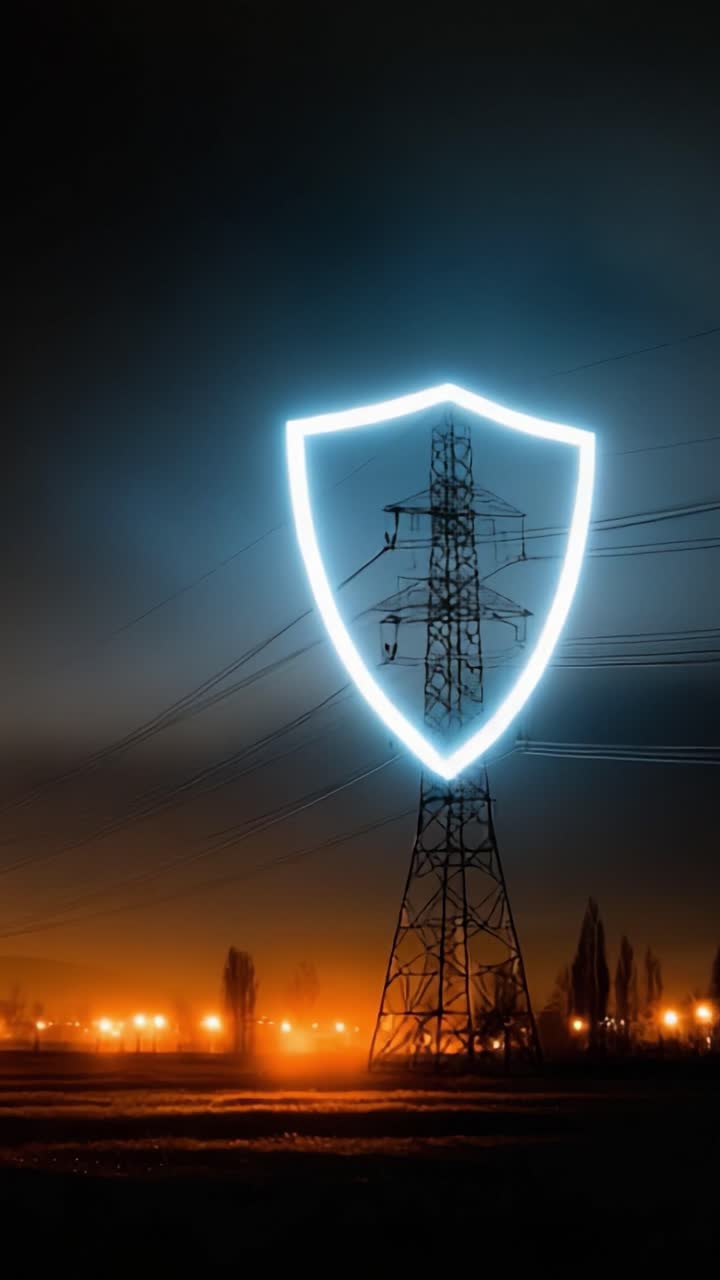 Scudo luminoso sovrapposto su traliccio elettrico di notte: un simbolo di protezione e forza tra paesaggio urbano e infrastruttura elettrica
