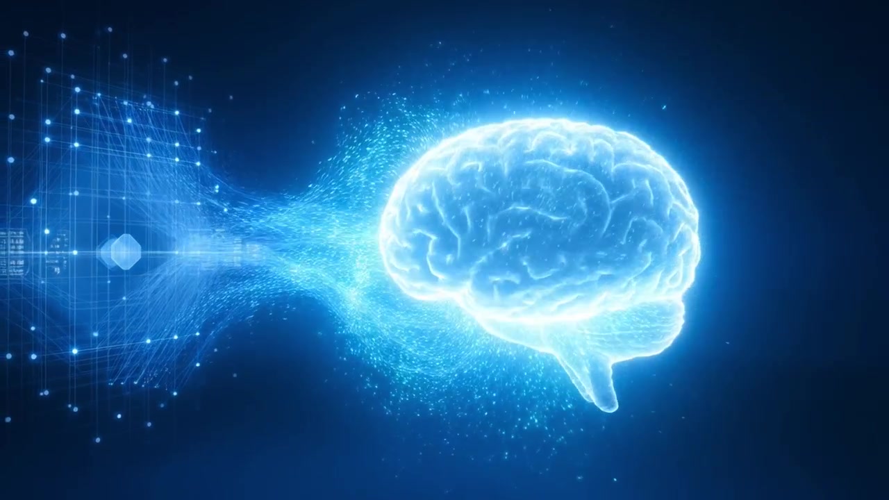 Digital Data Flowing into a Human Brain, AI Concept