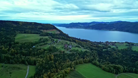 Malerische-Luftaufnahmen-über-Grüne,-üppige-Waldlandschaft-Mit-See-Im-Hintergrund