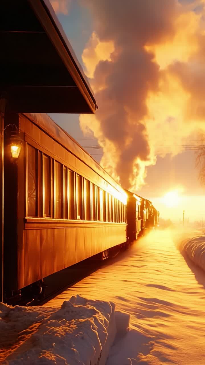 A Majestic Steam Train Journey at Sunset: Capturing the Golden Glow of the Train Carriages as They Glide Through a Snowy Landscape Under a Brilliant Sky Filled with Warm Colors and Steam