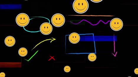 múltiples emojis de caras sonrientes flotando contra formas abstractas coloridas sobre un fondo negro