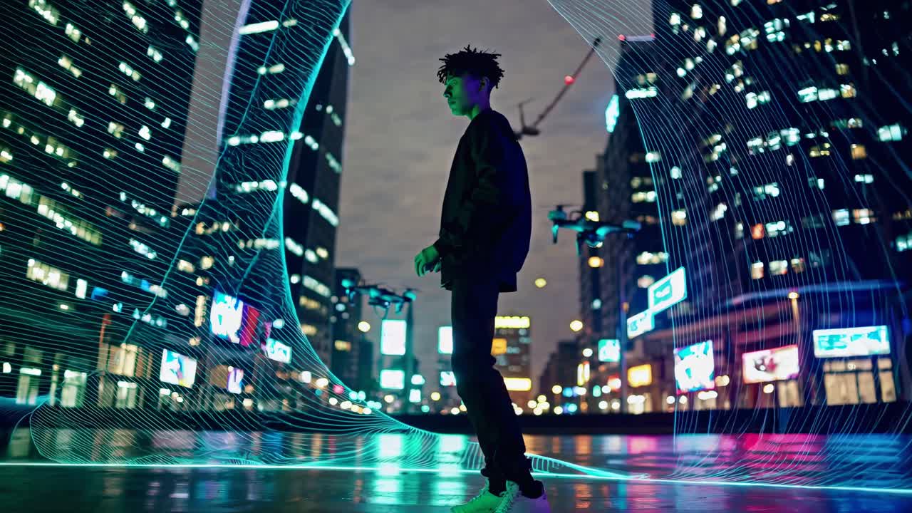 드론과 라이트 쇼를 가진 야간 도시 댄스 공연