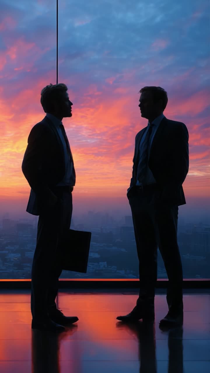 Due professionisti del settore business in silhouette su uno sfondo di un vivace tramonto, impegnati in un dialogo e circondati da un meraviglioso skyline urbano