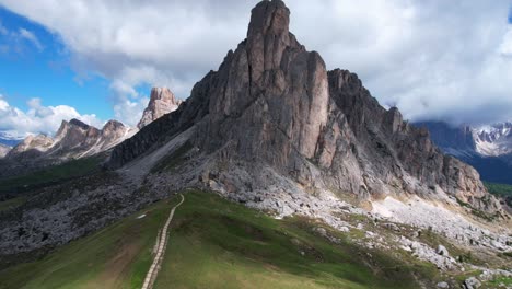 Epic-aerial-hyperlapse-of-high-mountain-pass-Passo-Giau,-Dolomiti-National-Park