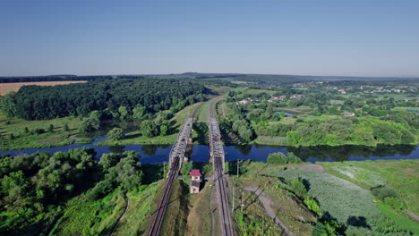 train bridge crossing a river on a bright day