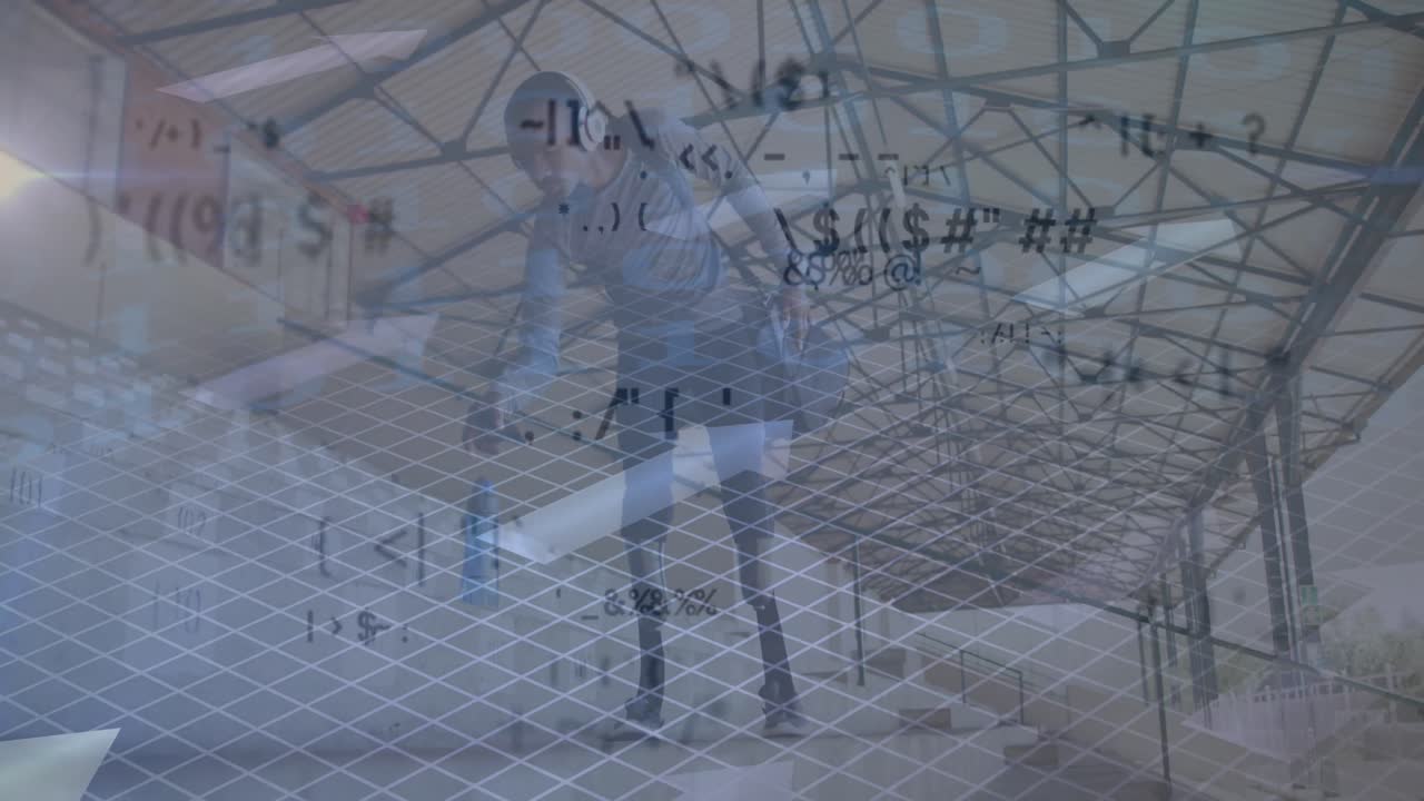 스포츠 스타디움의 관중석에서 장애인 남성 선수에 대한 디지털 데이터 처리 애니메이션