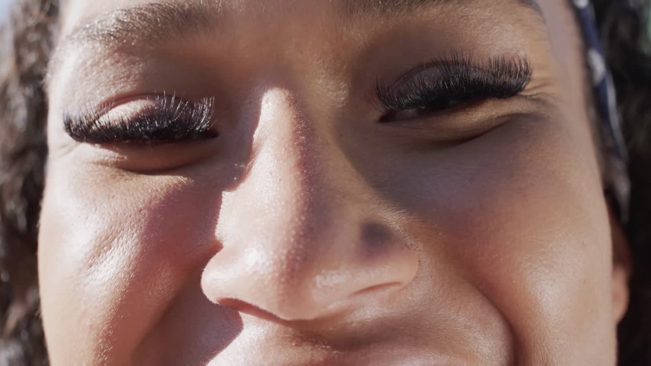Close up portrait of female african american basketball player eyes, in slow motion