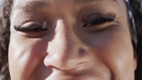 Close-up-portrait-of-female-african-american-basketball-player-eyes,-in-slow-motion