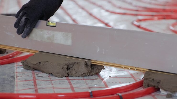 Installing underfloor heating pipes for water heating. Heating systems. Pipes for a heat-insulated floor.
