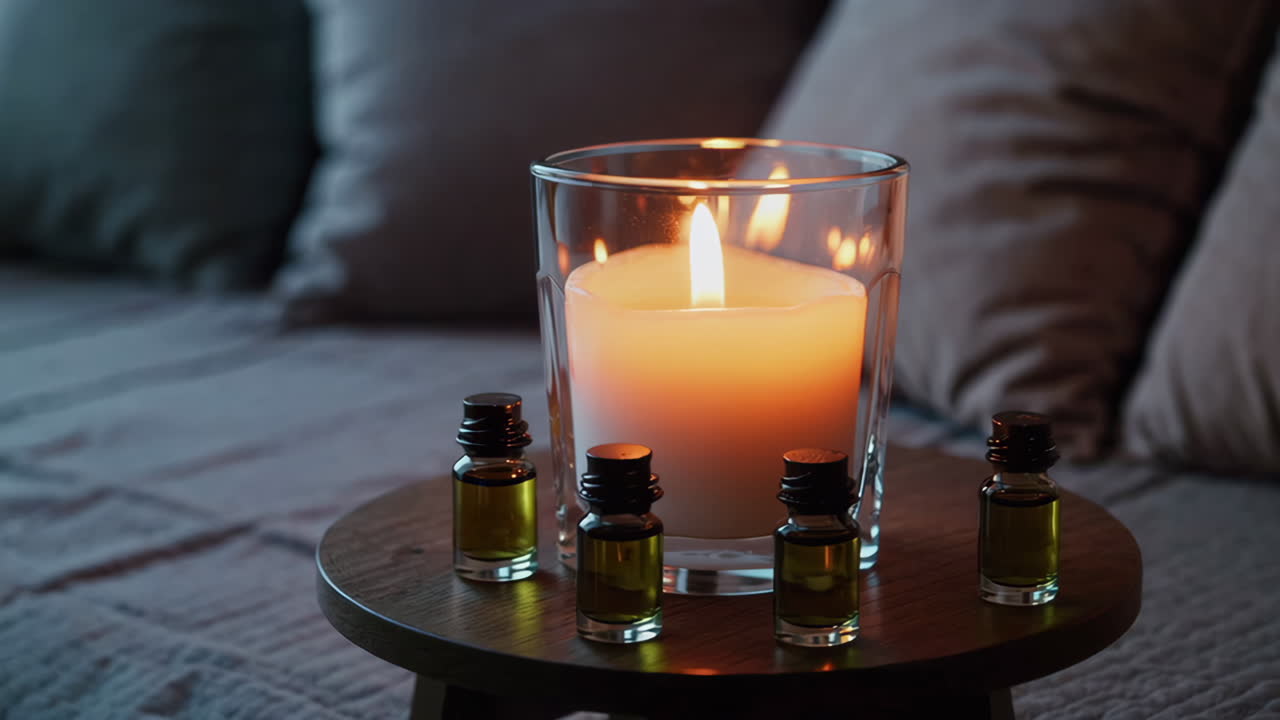 Cozy Nighttime Relaxation with Candle and Essential Oils