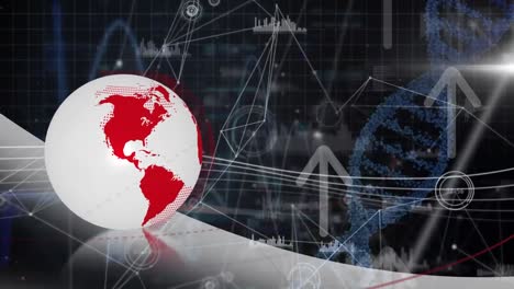 Animation-of-globe-and-up-arrows-with-connected-dots,-graph-icons-and-dna-helix-with-lens-flare