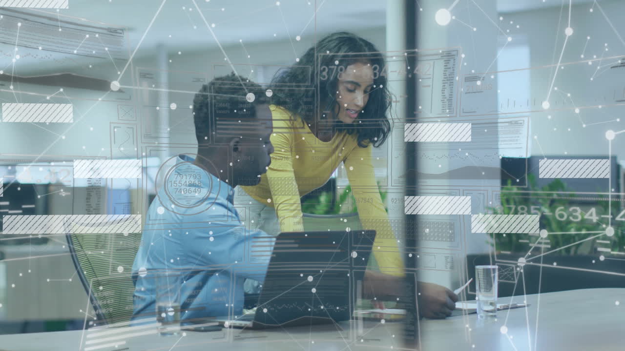 Digital interface and data analysis animation over colleagues collaborating in office