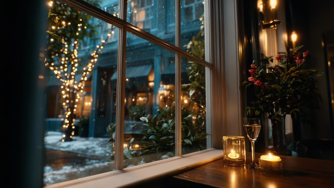 Cozy Winter Evening by the Window: A Glimpse of Twinkling Lights, Soft Glow of Candles, and a Beautifully Decorated Tree Outside, Creating a Warm Ambiance in a Charming Cafe Setting