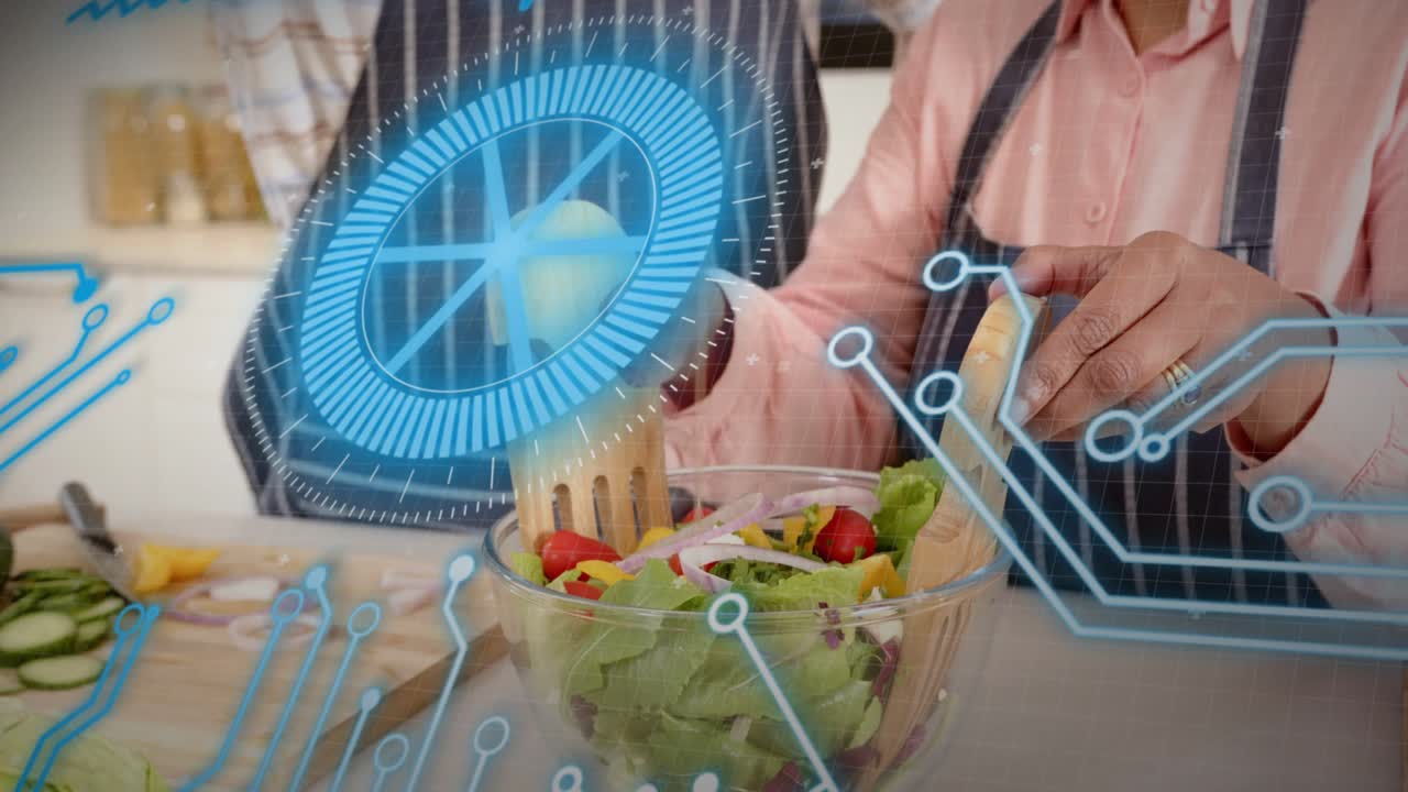 Two home cooks chopping and assembling salad, holographic disc appearing over bowl guiding prep