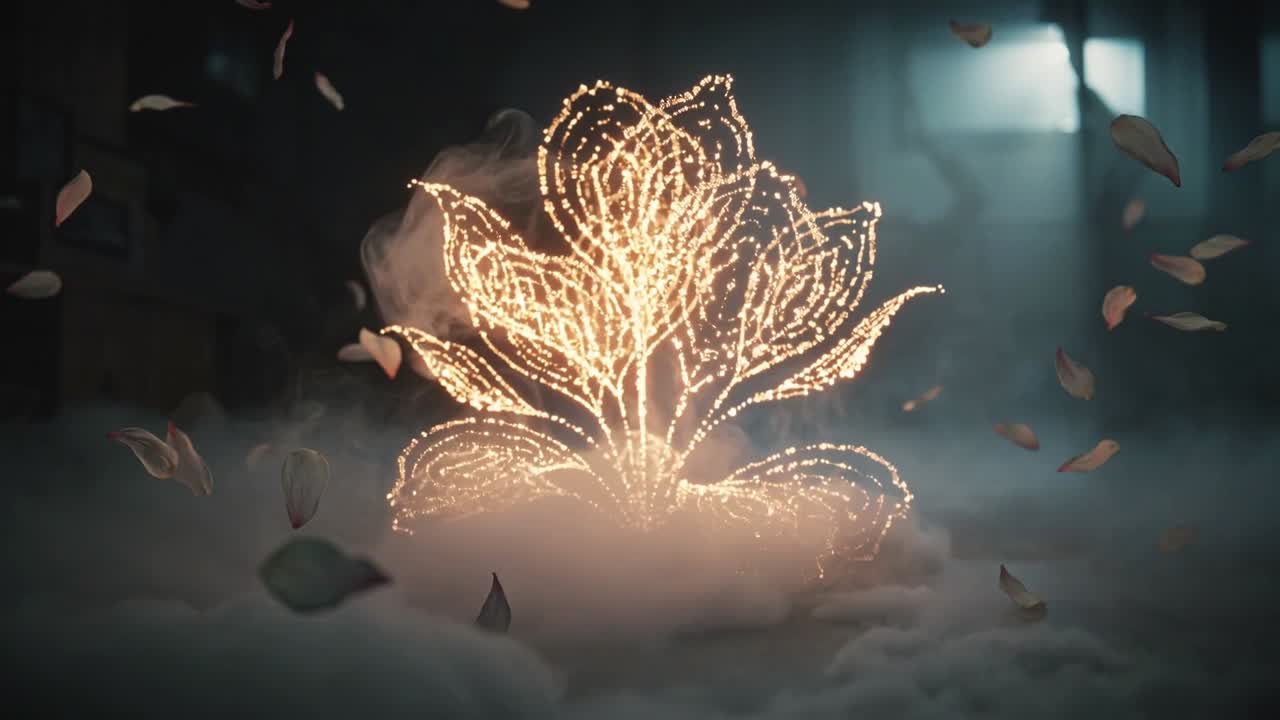 Vidéo verticale : Un point lumineux doré traçant et formant une plante dans une pièce sombre, avec du brouillard et des feuilles dérivantes.