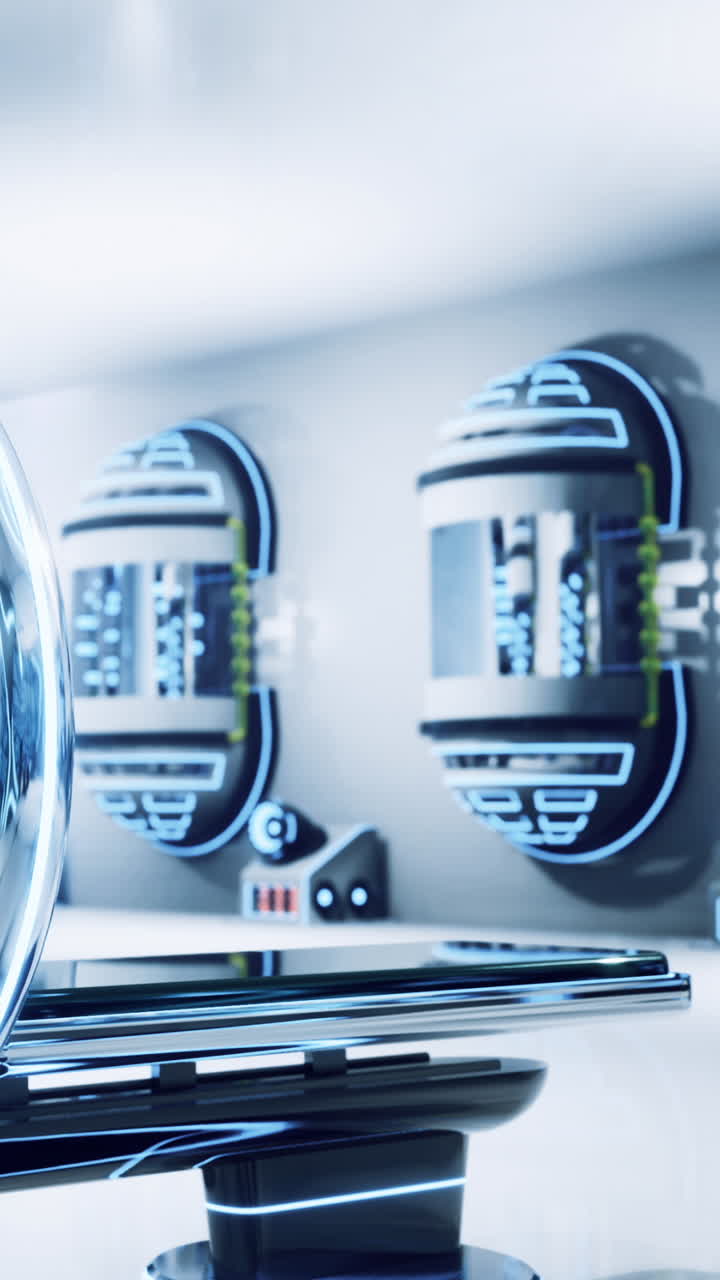 Exploración de tecnología futurista en un entorno de laboratorio elegante.