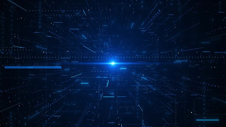 Codice di programma e dati, tecnologia a onde, molecola fluente, particella puntiforme, flusso d'onda, linea wireframe luminosa