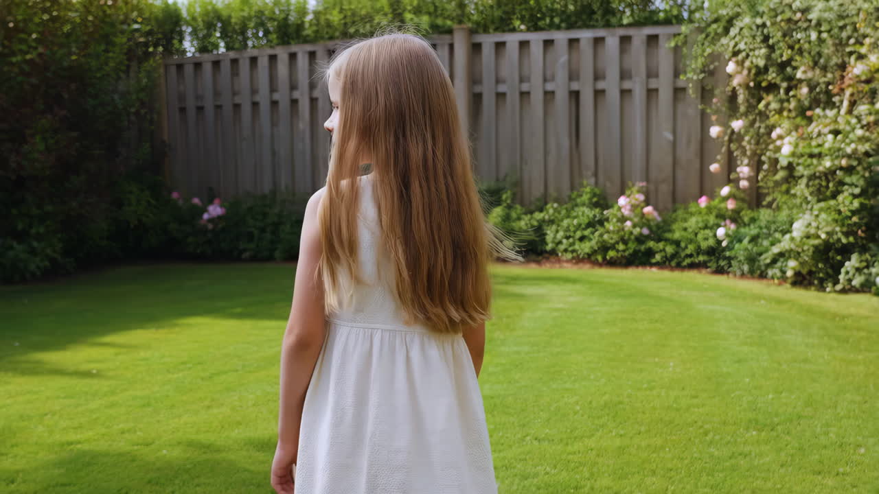 Young girl with long hair standing in a green garden