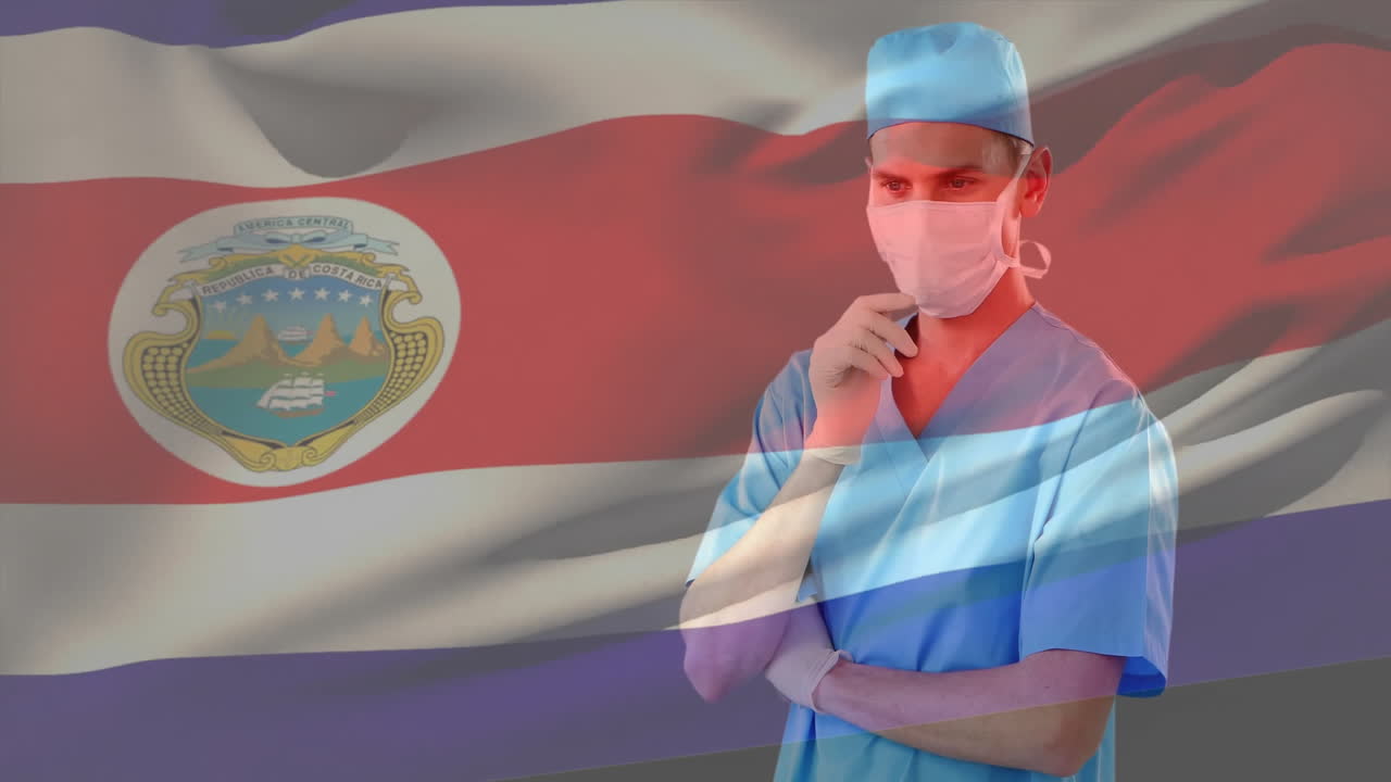 Doctor standing thinking in healthcare, featuring scrubs mask gloves waving Costa Rica flag overlay