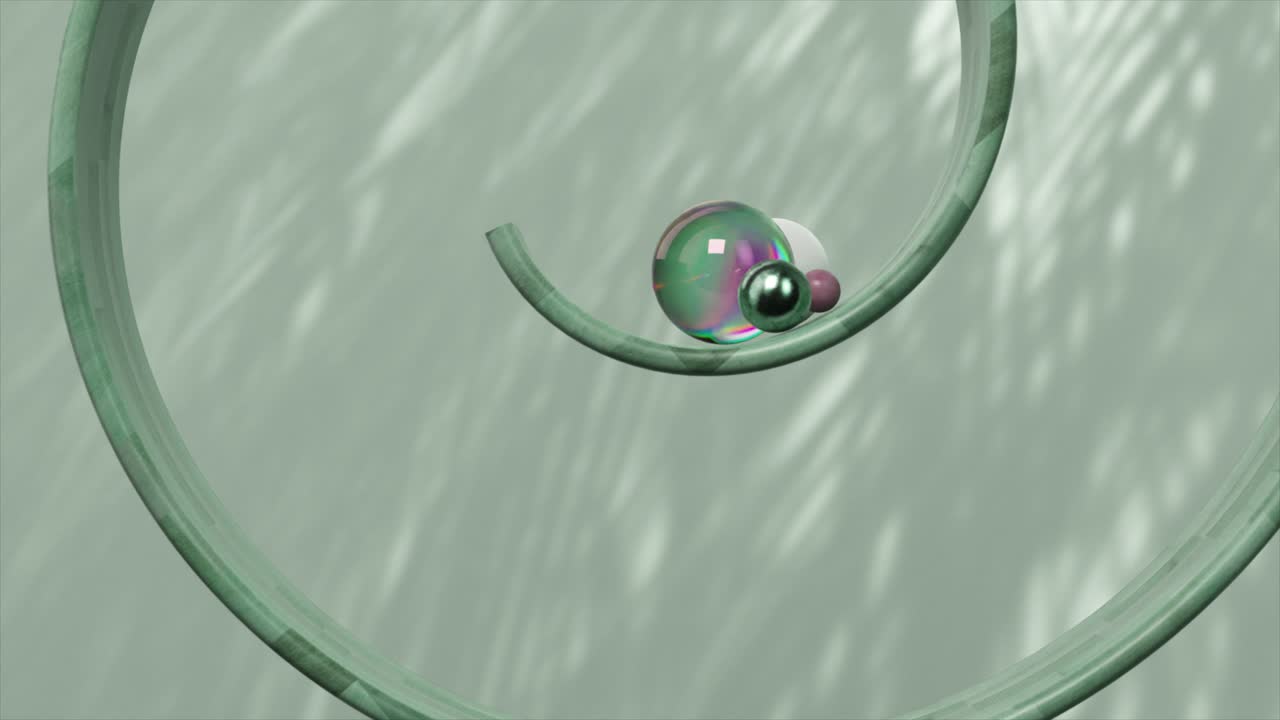 Abstract 3D Render of Iridescent Spheres on a Green Spiral