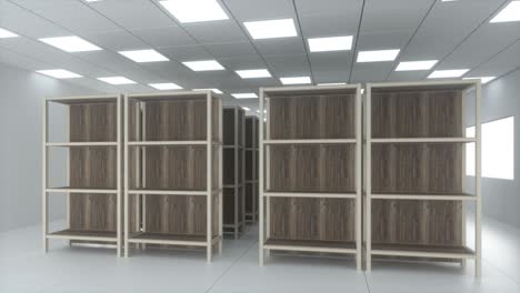 filas de estanterías en la habitación luminosa, renderización en 3d.