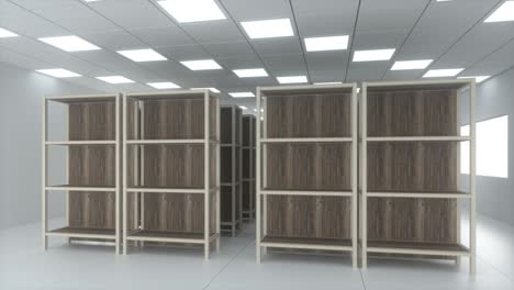 rows of bookshelves in the bright room, 3d rendering.