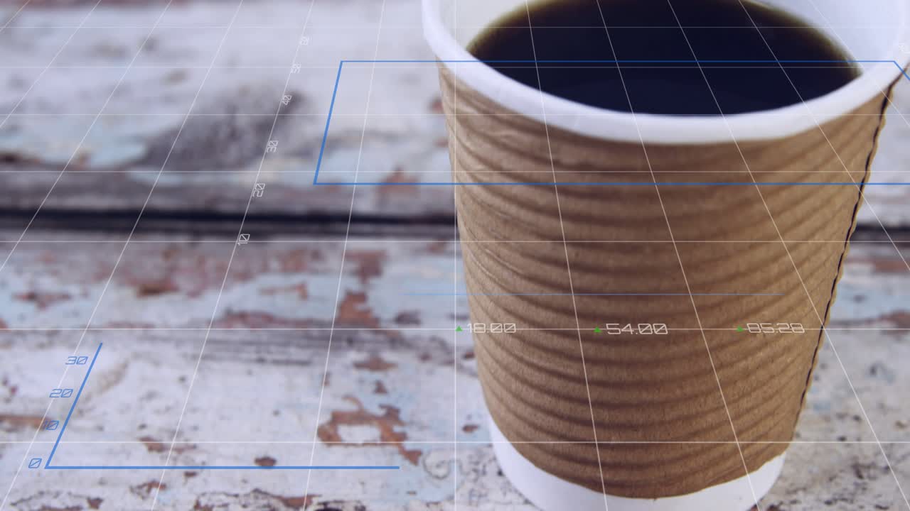 Grid overlay appearing at one-second animating line, bar and pie charts over cup for visualization