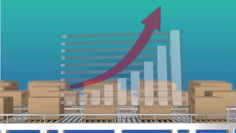 animación del procesamiento de datos estadísticos sobre cajas en cinta transportadora contra un fondo azul