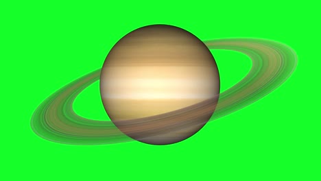 saturn planet with satellites on green screen. isolated giant gas planet which has ring, rotating on alpha channel.