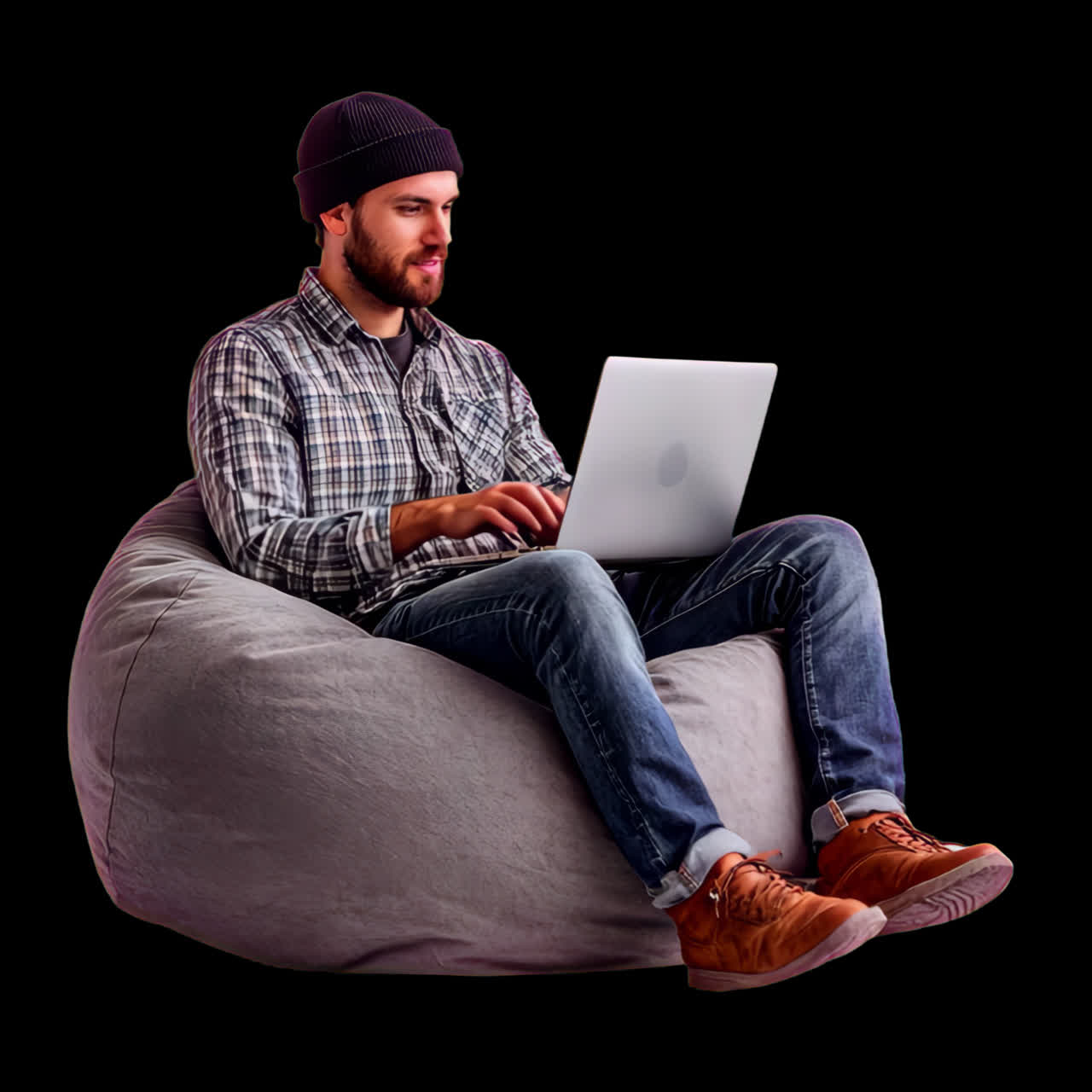 Casual work on beanbag chair animation isolated asset, transparent 4K video, alpha channel, ProRes