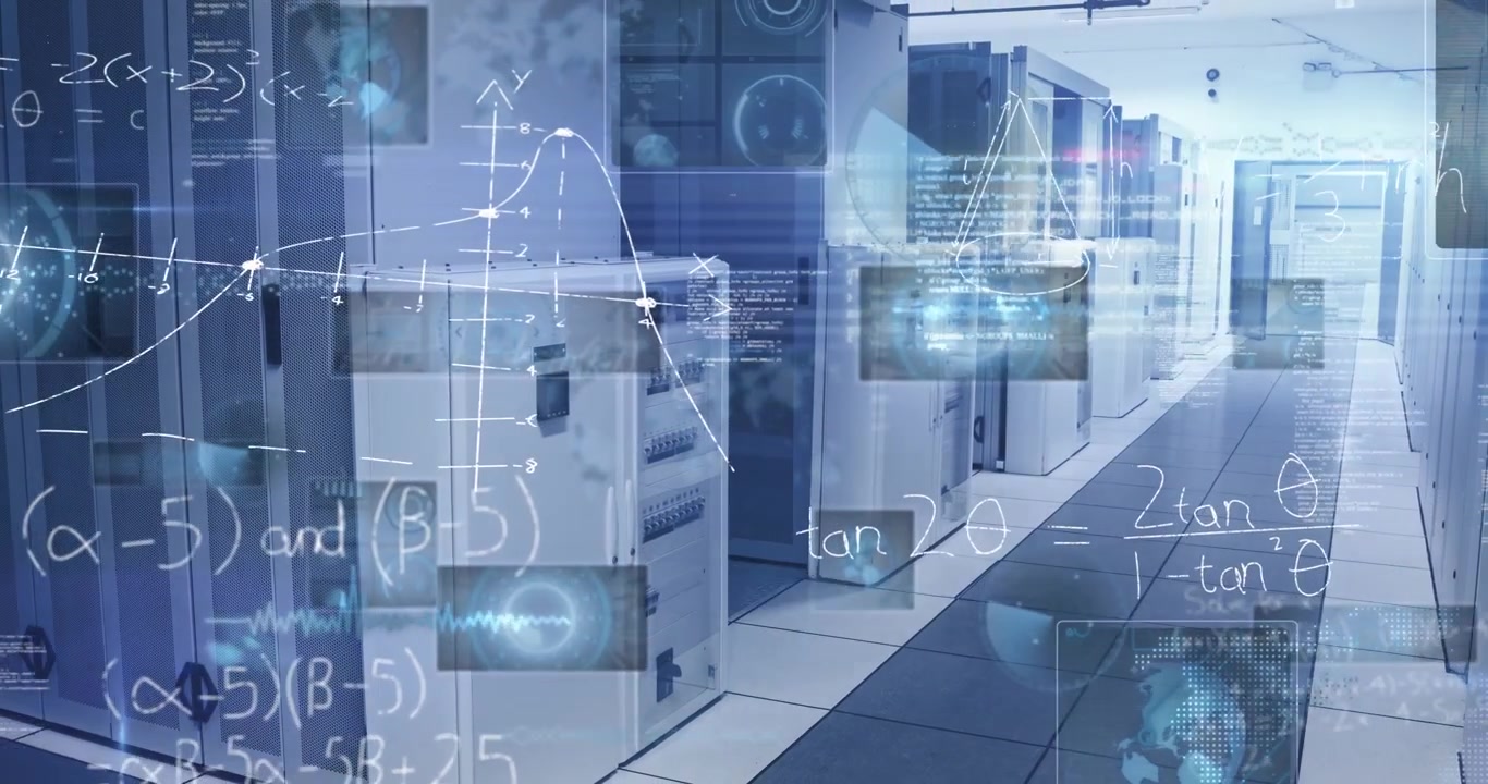 Animation of data processing and mathematical equations over server room