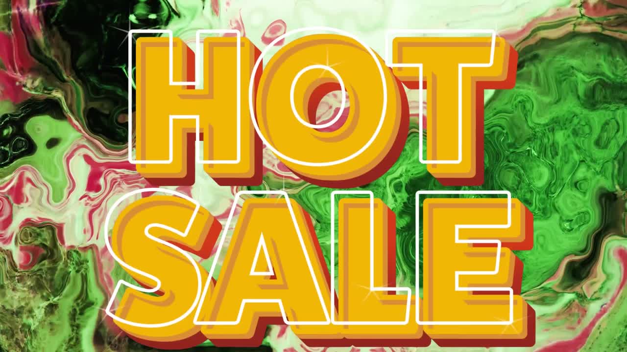 animación del texto naranja de venta en caliente, sobre el verde y el rosa giratorios