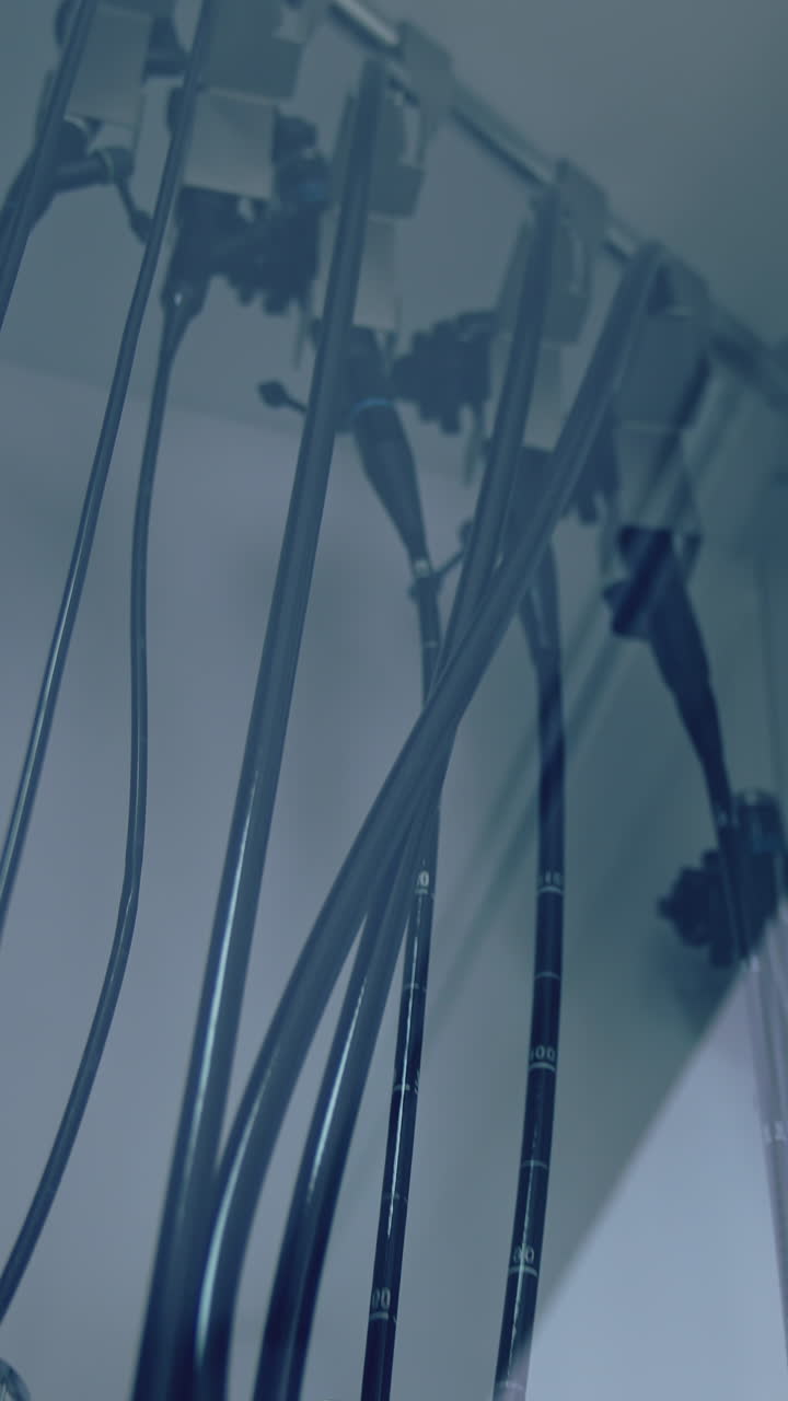 Medical equipment in clinic. All necessary surgical instruments in a wardrobe in operating room. Vertical video