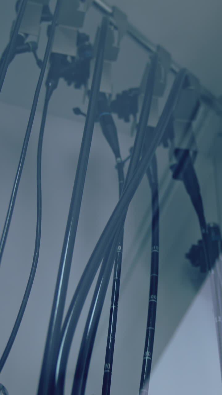 Medical equipment in clinic. All necessary surgical instruments in a wardrobe in operating room. Vertical video