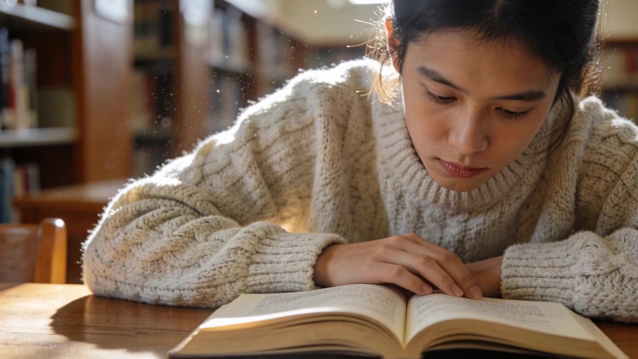 Kütüphane masasında, saç örgülü kazaklı bir öğrenci kitap açmış, metni parmağıyla takip ederek okuyor.