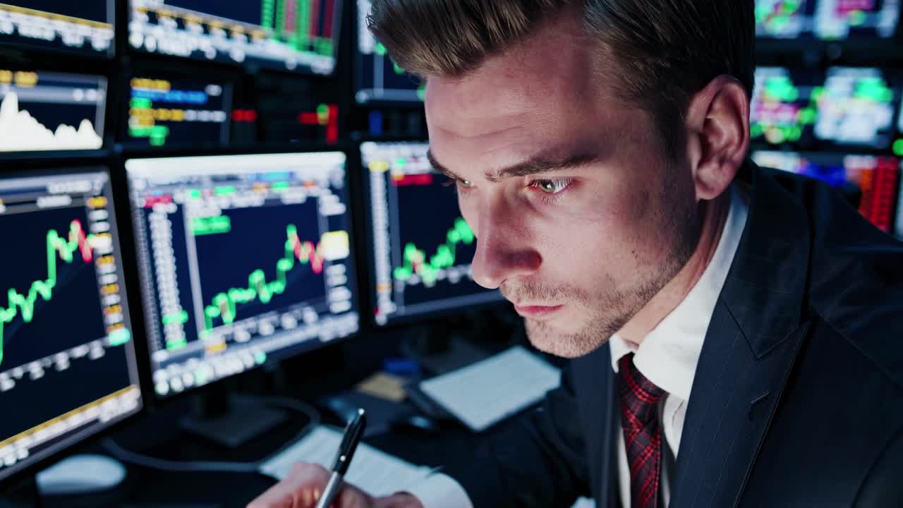 Close-up video shot of a focused businessman analyzing stock market data on multiple screens