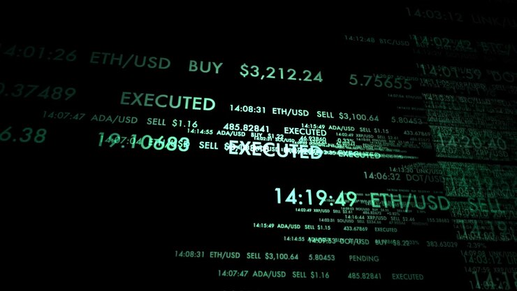 Registro delle transazioni di criptovaluta in tempo reale che scorre su uno schermo HUD scuro. Sfondo UI perfetto per video fintech, report di borsa e progetti blockchain.
