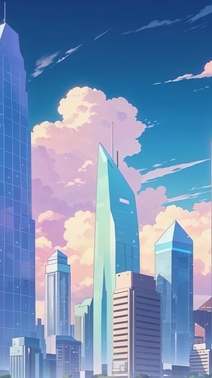 Vertical video: Showing teal tower among glass towers in skyline under drifting pastel-pink clouds