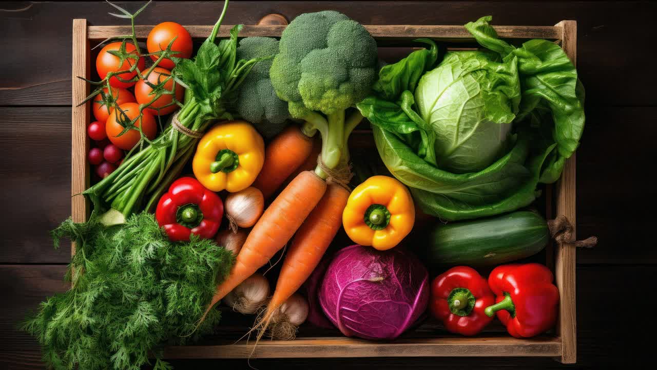 Top-down video shot of a rustic wooden crate filled with fresh vegetables on a dark wooden table