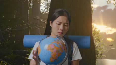 woman lost in thought with a globe in a forest during sunrise