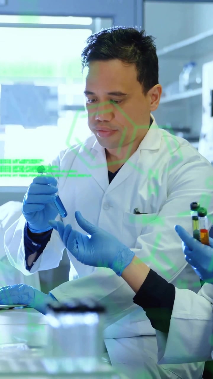 Animation of chemical formula and data processing over diverse scientists doing experiments