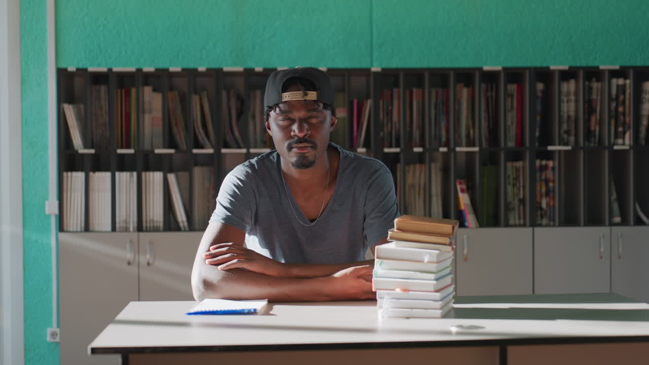 Young man in library sitting at desk lifts head slowly, resting crossed arms near stacked books with teal wall and shelves in background, soft sunlight highlighting contemplative moment