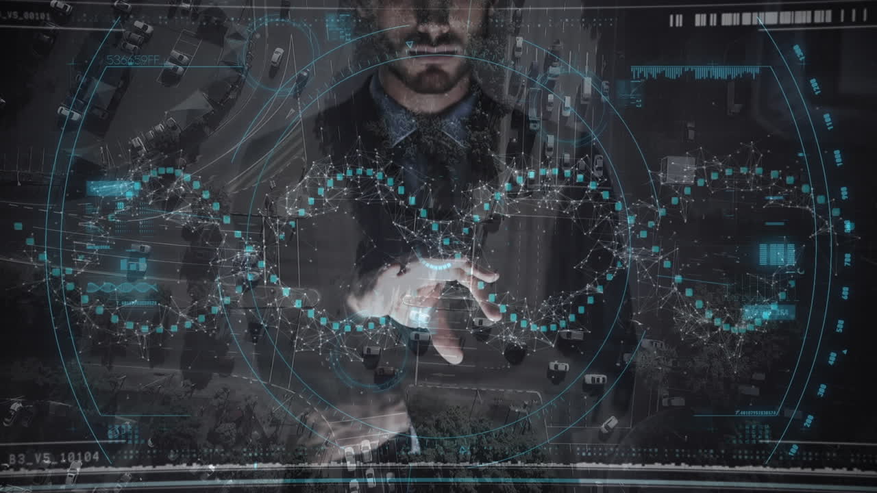 animación del procesamiento de datos sobre el hombre que usa auriculares vr