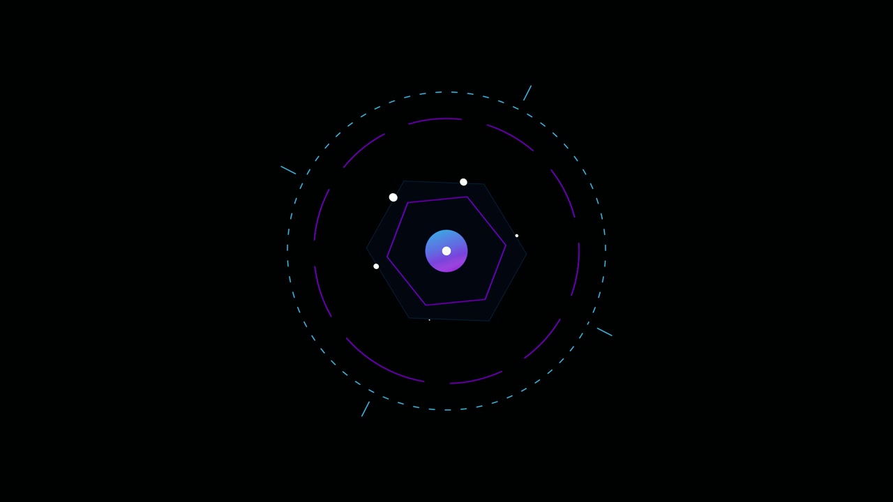 Abstract Digital Hexagon Animation with Rotating Orbital Elements