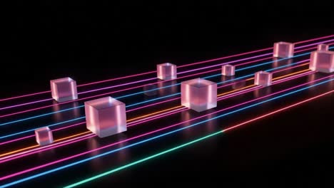 a stunning display of neon lights and geometric shapes: exploring the interplay of bright colors on a dark background with floating cubes