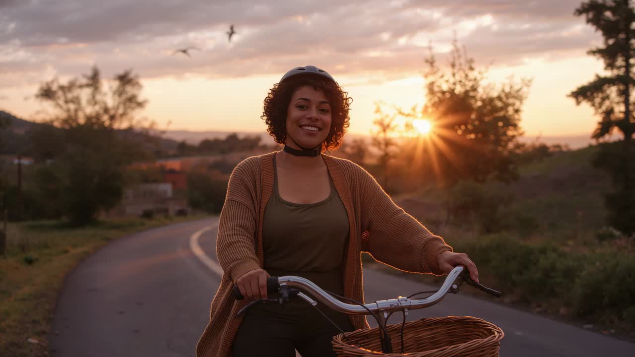Riding woman, helmet and cardigan, pedaling as camera framing on road at sunset, wicker bike basket