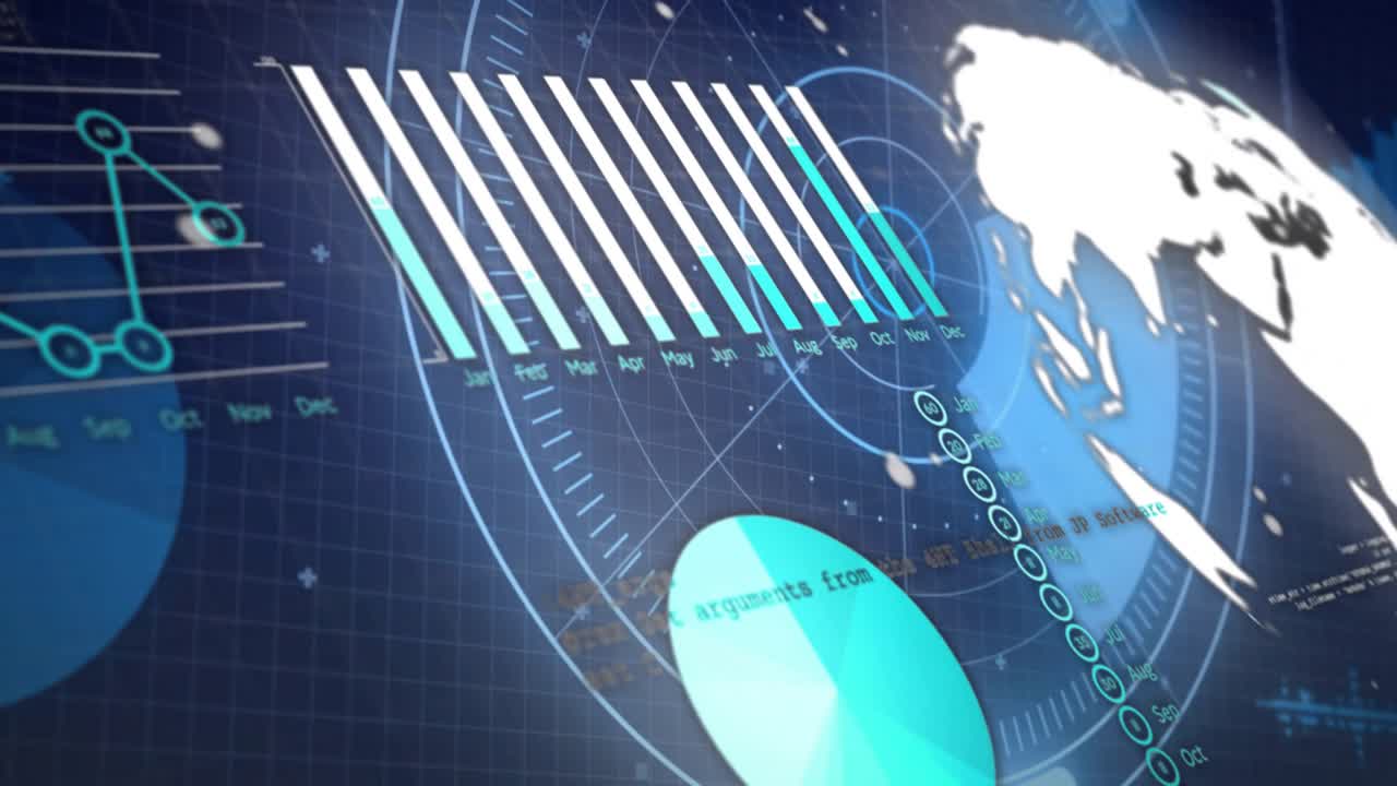 Camera pulling back composite HUD sweeping radar filling bars globe sliding showing monthly trends