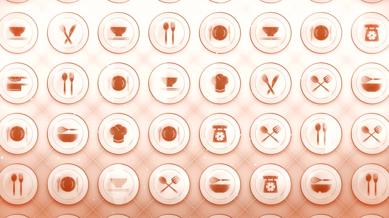 conjunto de iconos de restaurantes, fondo de utensilios de cocina de restaurantes, animación de bucle cg,