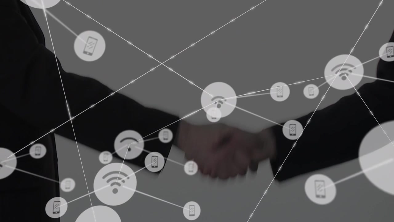 Animation af netværk af forbindelser med ikoner over folk, der giver hånd.