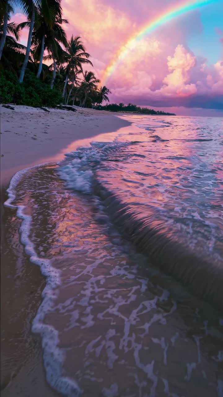 Low-angle video frame of a tropical beach at sunset, capturing vibrant pink skies and gentle waves